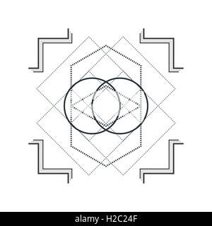 Vector contour design monocromatico mandala geometria sacra immagine cerchi esagoni isolato sfondo bianco Illustrazione Vettoriale