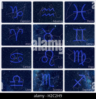 12 immagini delle costellazioni zodiacali disposti in 12 pannelli di immagine. Foto di star sky guardare esattamente come il vero cielo notturno Foto Stock