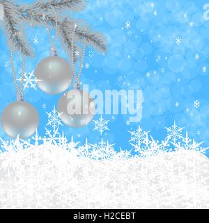 Natale e Capodanno la scheda s. Giocattoli su un albero di Natale. Sfondo della caduta di neve. illustrazione Illustrazione Vettoriale
