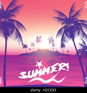 Summer Party Poster con isola tropicale e palme Illustrazione Vettoriale