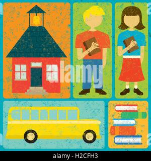 Si torna a scuola un schoolhouse, scolaro, schoolgirl, scuola bus, e libri impilati su un paesaggio astratto dello sfondo. Illustrazione Vettoriale