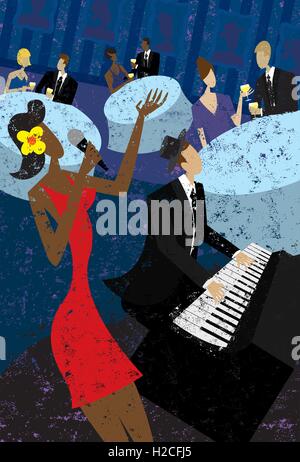 Jazz Club un jazz club cantante con un pianista e coppie seduti ai tavoli di bere vino. Illustrazione Vettoriale
