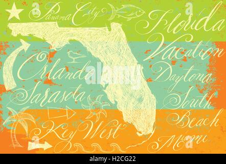 Florida scarabocchi con la calligrafia disegnati a mano stato della Florida con altri scarabocchi e calligrafia manoscritta di vacanza popolare Illustrazione Vettoriale