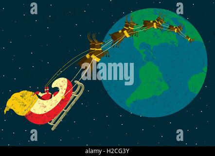 Santa offrendo presenta Santa Claus in giro per il mondo nella sua slitta essendo tirato dalla sua renna. Illustrazione Vettoriale