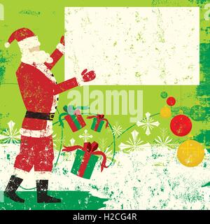 Santa segno Santa Claus tenendo un segno di Natale. Sono anche inclusi i doni, ornamenti e fiocchi di neve su uno sfondo a trama. Illustrazione Vettoriale