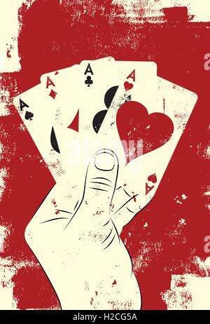 Quattro Assi poker mano mano che regge quattro assi su uno sfondo a trama. Illustrazione Vettoriale