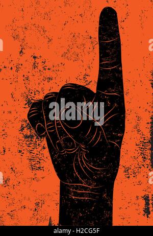 Numero uno segno a mano una mano con il dito indice sollevato su un sfondo a trama. Illustrazione Vettoriale