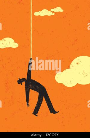 Estremità della fune un uomo nel cielo appesi alla fine della sua corda. L'uomo e lo sfondo sono su diversi strati marcato. Illustrazione Vettoriale