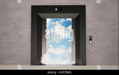 Ascensore porte aperte con cielo blu Foto Stock