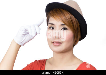 Asia donna con cappello isolati su sfondo bianco Foto Stock