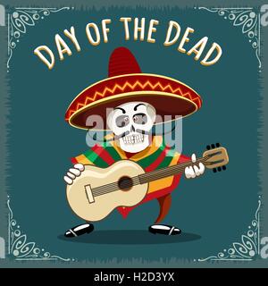 Il giorno dei morti illustrazione. Cranio Mariachi guitar player disegnato in stile cartoon. Illustrazione Vettoriale