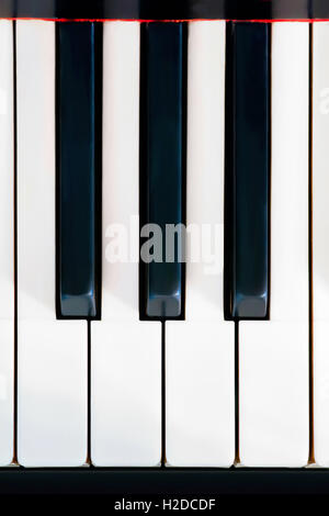 Tasti di pianoforte vicino. Tre neri e quattro bianchi Foto Stock
