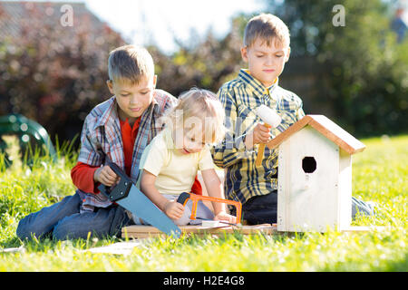 Tre ragazzi - due teenager e un preschooler rendendo insieme scatola di nidificazione seduto sul prato in summerday Foto Stock