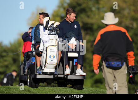 Dell'Europa Chris Wood durante una sessione di prove libere in vista del xli Ryder Cup a Hazeltine National Golf Club in Chaska, Minnesota, Stati Uniti d'America. Foto Stock