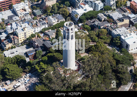 Vista aerea della Torre Coit Park di San Francisco, California. Foto Stock