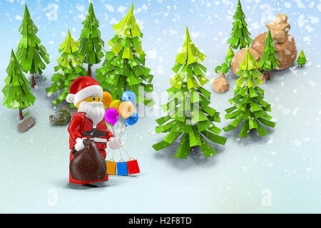 Storia di Natale: coperta di neve forest Babbo Natale con i doni. Il rendering 3D nella forma di un cartone animato. Foto Stock