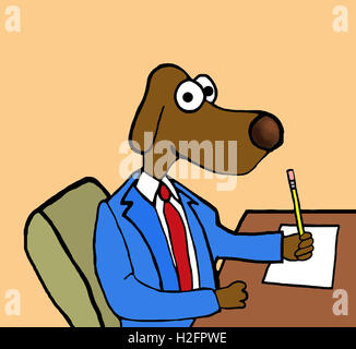 Colore immagine aziendale di business cane seduto alla sua scrivania e la scrittura. Foto Stock