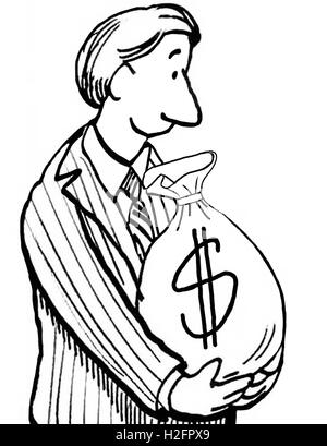 Business b&w illustrazione di un imprenditore sorridente guardando verso il basso in corrispondenza di un sacchetto di denaro che egli è in possesso. Foto Stock