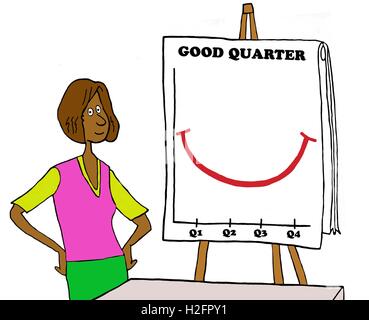 Business Illustrazione a colori di un nero imprenditrice accanto a un grafico "un buon trimestre". Foto Stock