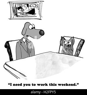 B&W business illustrazione del cane boss raccontando dipendente ha a lavorare nel corso del fine settimana. Foto Stock