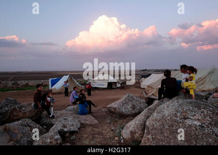 Yazidi bambini in Nawroz Refugee Camp che è stata inizialmente istituita per shelter Aramei spostato dall'attuale siria guerra civile poi occupata dagli sfollati dalla minoranza setta Yazidi, che fuggono dalla violenza nella città irachena di Sinjar situato vicino alla città di al-Malikyah in Rojava autonoma curda, regione nord-orientale della Siria. Foto Stock