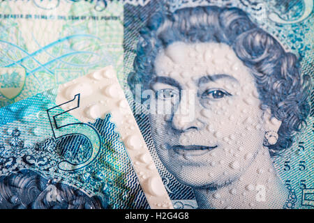 Un close up foto dettagliata del nuovo polimero impermeabile REGNO UNITO cinque Pound nota mostra la sua resistenza all'acqua Foto Stock