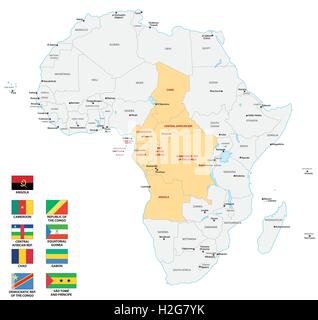 Africa centrale mappa con le bandiere Illustrazione Vettoriale