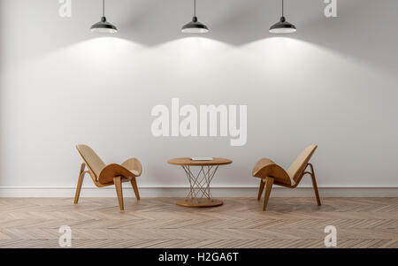 Stanza vuota con tre lampade a soffitto e due sedie e un tavolo. Parquet sul pavimento. La simulazione di una sala d'attesa. Foto Stock