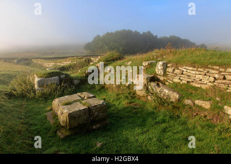 Aesica (grande) Chesters Roman Fort, il vallo di Adriano, il west gate in una nebbiosa mattina (guardando a sud), Northumberland Foto Stock