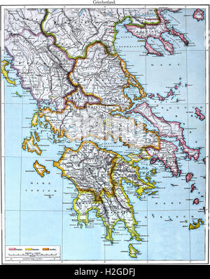 Mappa colorata della Grecia antica dopo Putzger Atlas dal 1888, combinazione di nord e sud, la lingua Latina e un po' di tedesco Foto Stock