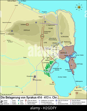 Mappa dell'assedio di Siracusa durante la Guerra del Peloponneso 414-413 A.C. da Petreius Hyphantes, Die Demagogen, 2010 Foto Stock