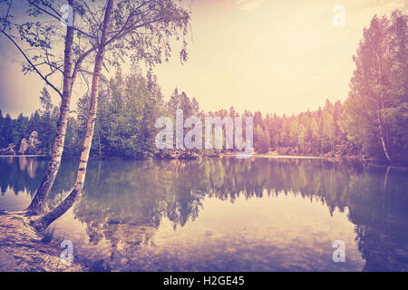 Vintage tonica lago tranquillo con la riflessione in acqua calma al tramonto. Foto Stock