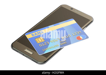 Carta di Credito e il telefono cellulare, rendering 3D isolati su sfondo bianco Foto Stock