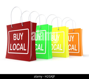 Comprare locale Shopping Bags mostra acquisto commerciale nelle vicinanze Foto Stock