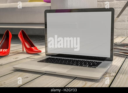 Computer portatile sul pavimento - Mock up- 3D illustrazione Foto Stock