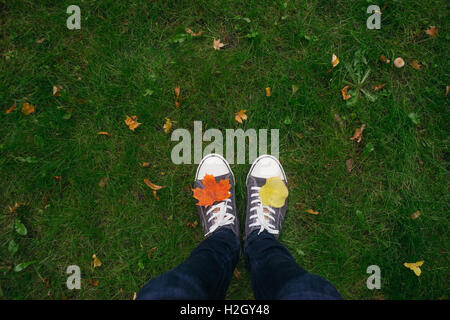 Vista superiore dell'uomo in piedi su erba in sneakers con colorati cadono le foglie, l'autunno è venuta concept Foto Stock