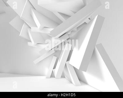 Abstract interno bianco sullo sfondo. Caoticamente blocchi quadrati di installazione in stanza vuota. 3d illustrazione grafica del computer Foto Stock