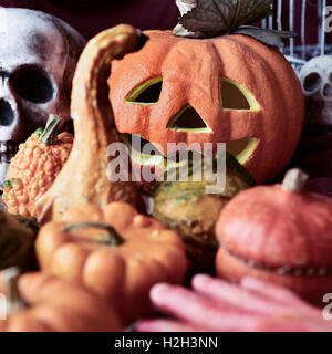 Primo piano di alcune diverse zucche, e alcuni altri ornamenti di Halloween, come ad esempio una sanguinosa mano, alcuni teschi o una zucca intagliata Foto Stock