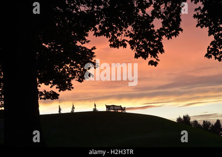 Parcheggio vuoto sedile e gli alberi si stagliano contro il bagliore arancione del sole che la creazione di una scena di pace e di tranquillità. Foto Stock