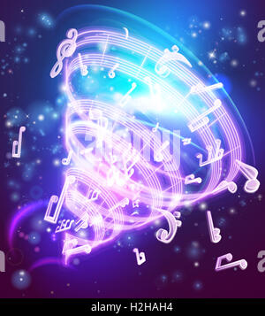 Un abstract magic music note musicali sfondo con note musicali e simboli Foto Stock