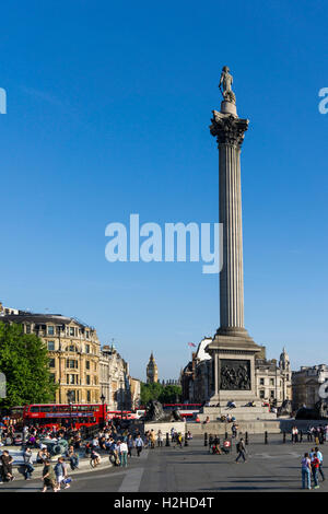 Nelson la colonna in Trafalgar Square e Whitehall, Londra, Inghilterra. Foto Stock