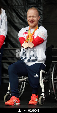 Gran Bretagna Andrew Mullen durante il homecoming evento al Festival Square, Edimburgo. Foto Stock