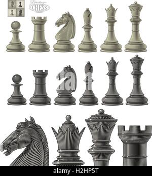 Illustrazione Vettoriale del pezzo degli scacchi impostato nel vintage stile di incisione, isolata, raggruppati su sfondo trasparente Illustrazione Vettoriale