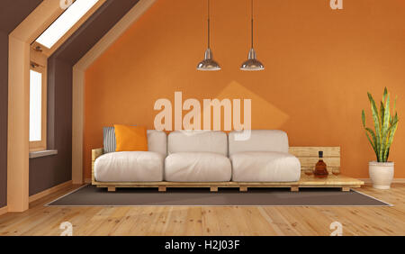 Orange soggiorno in mansarda con pallet divano - 3d rendering Foto Stock