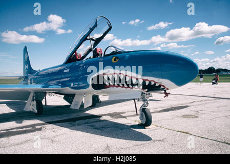 WINDSOR, Canada - 10 settembre 2016: gli aeromobili jet Museum (JAM) T-33 Silver Star Jet Trainer dipinta come "squalo mako", in allegato Foto Stock