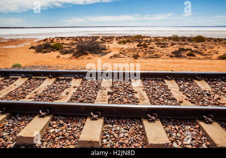 Binario ferroviario del nuovo treno Ghan al Lago di Hart vicino a Stuart Highway, Sud Australia Foto Stock