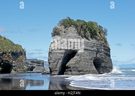 Onde infrangersi contro la roccia dell'Elefante, vicino Tongaporuto in Nord Taranaki, Nuova Zelanda. Foto Stock