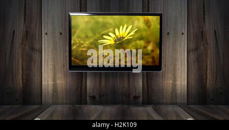 Backround in legno con tv e foto di fiori Foto Stock