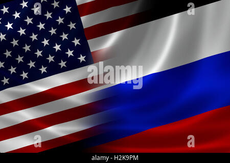 Uniti a Noi e bandiera russa su raso texture. Concetto di lunga storia e le relazioni politiche tra i due paesi. Foto Stock