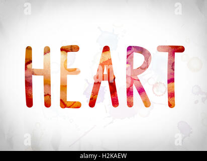 La parola "cuore" scritto in acquerello lambisce un libro bianco il concetto di sfondo e tema. Foto Stock